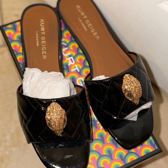 Kurt Geiger Black Patent Mules with Gold Embellishment - Picture 3 of 7